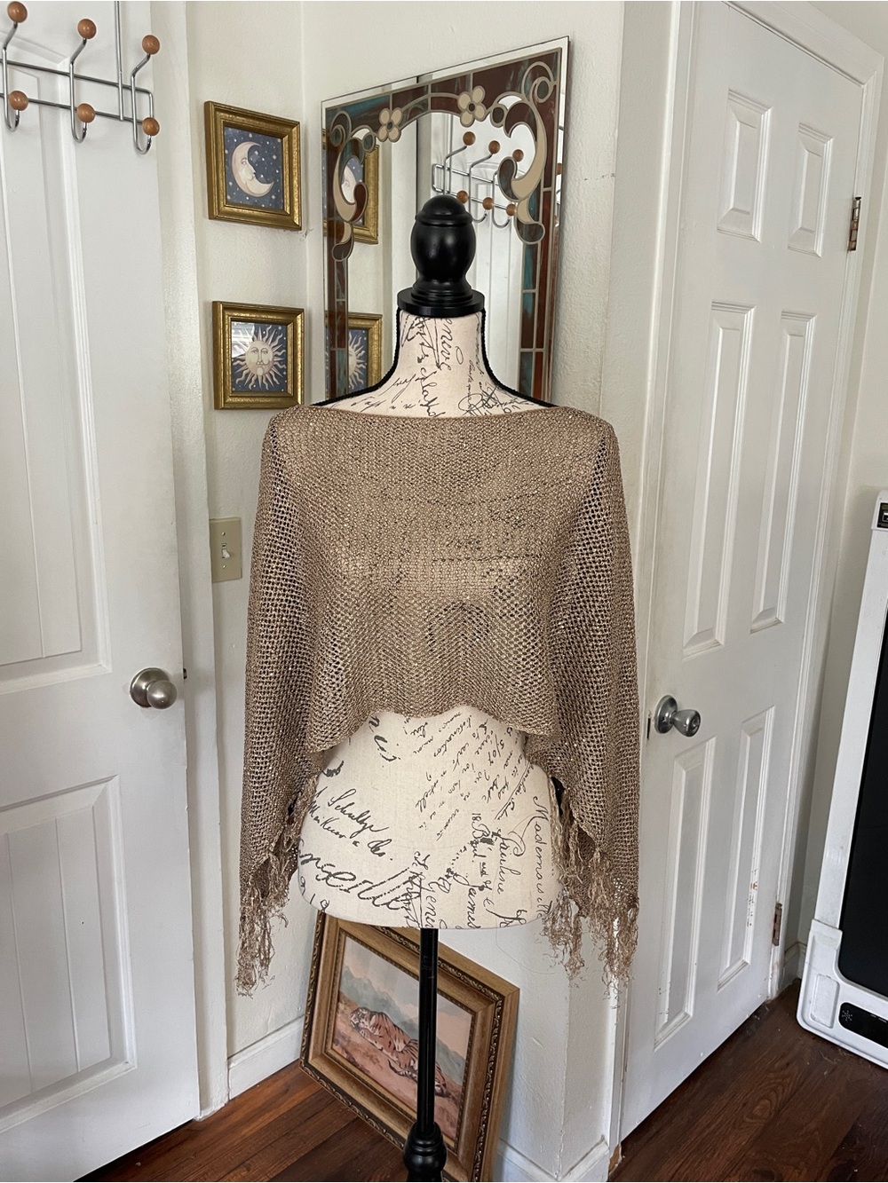 Nikka K Lightweight Taupe Knit Shawl Poncho Sequined Size S Boho Festival Fringe